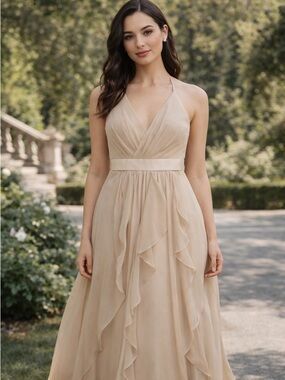 Vera Wang Elegant Halter-Neck Ruffle Maxi Dress in Beige